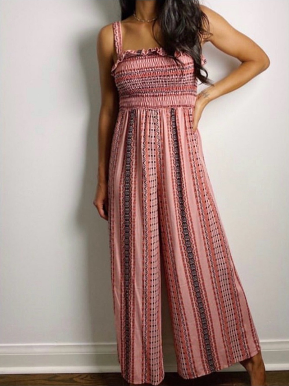 Ces Femme Peach and Black Printed Straw-Top Jumpsuit